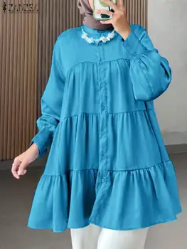 ZANZEA Žena Módy Eid Mubarek Moslimských Blúzka Vintage Strany Blusas Jeseň Lístkového Rukáv O-Krku Topy Ležérne Oblečenie IsIamic