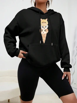 Mačky Ice Cream Vytlačené Tvorivé Hoody Pre Ženy Móda Hip Hop Mikina Jeseň Bežné Pulóvre Žena Fleece Novej Hoodie