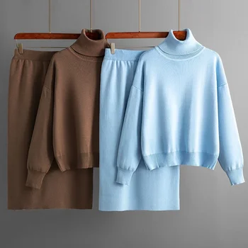 Jednofarebné turtleneck sveter pol zábal zadok sukne dva-dielna sada nové jesenné a zimné pletené vyhovovali ženy