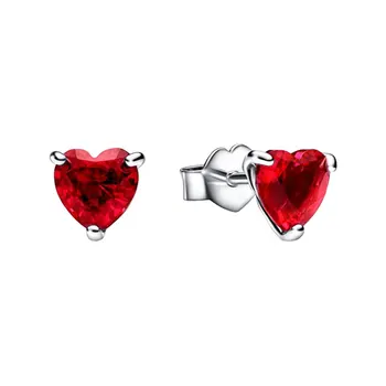 Kolík Nastavenie Červené Kryštály Srdcia Ear Piercing Stud Náušnice Pre Ženy 925 Sterling Silver Originálne Šperky Valentína Darček