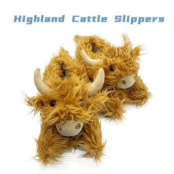 Highland Krava Plyšové Papuče Škótsky Dobytok Papuče Hnedé Zime Teplo Domova Papuče Kawaii Zvierat Obuv Dospelých Plushie Darček