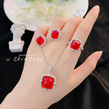 Luxusné Cukru Veža Red Crystal Ruby Sľub Šperky Sady Strieborná Farba Svadobné Svadobné Náušnice Krúžky Prívesok Náhrdelníky Pre Ženy