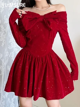 IAMSURE Sviatok Vianočný Luk Velvet A-Line Červené Šaty na Štíhlu Lomka Krk Dlhý Rukáv Mini Šaty Pre Ženy 2023 Jeseň Zima Lady