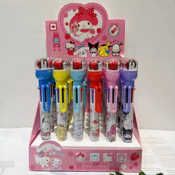 Nové Sanrio Šesť-farebné Pero Roztomilý Kreslený Multi-farebné Guľôčkové Pero S otočným Kolieskom Pečiatka Stlačte Pero Študent Papiernictvo Dodávky