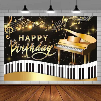 Piano Happy Birthday Fotografie, Hudobné Pozadie Poznámka Tlačidlá Čierne a Zlaté Pozadie Bday Baby Sprcha Strany Tortu Dekor Tabuľka