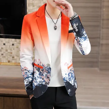 Muži Kvetinový Blejzre Módne Kórejský Gradient Inšpiroval Vytlačí Efektné Kvetinové Sako Bežné Slim Fit Sako Kabát Mužov Oblečenie