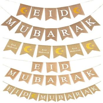 Bielizeň Eid Mubarak Banner S Lanami Moslimov Ramadánu Dekorácie Visí Vlajka Islam Home Party Dekor Moon Star Vytiahnuť Vlajky Bandera